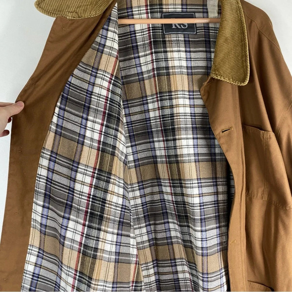 Vintage Chore Coat 90s Brown Canvas Plaid Flannel Lined Corduroy Trim Fisherman - Picture 3 of 15